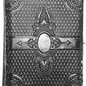 Victorian album cover with hatched design.
