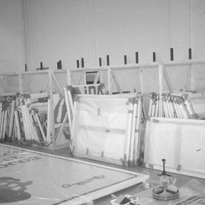 Figure 3. Posters ready for hanging being stored in the preparation area in the North Court. Photograph by Alison Norton.