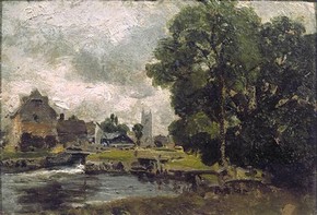 John Constable (RA), 'Dedham Lock and Mill', oil painting, about 1816. Museum no.145-1888