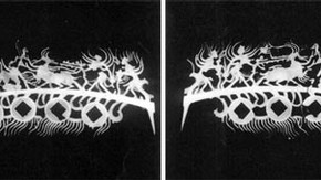 Figure 1a. Two x-radiographs showing structural configuration of some of the copper alloy cast branches of the Money Tree (Asian Art Museum no. 1995 79, approx 20cm long). Photography by Sophia Strang Steel, courtesy of Asian Art Museum of San Francisco, The Avery Brundage Collection