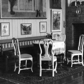 Figure 3. View of the Studio, showing furniture, tablecloth and wall sconce that will be in the exhibition. Photography by Nicola Costaras