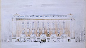 Daniel Neal, High Street Kensington, London. Ernest Berry Webber (1896–1963). Not built. Perspective by H.L.G. Pilkington, 1930. Pen and watercolour. Presented by Berry Webber