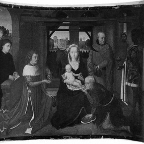 Figure 1. Adoration of the Magi (Museum No. E209-1995) by Chistian Schultz after Hans Memling before conservation. 346x426mm. Photography by Victoria Burton.