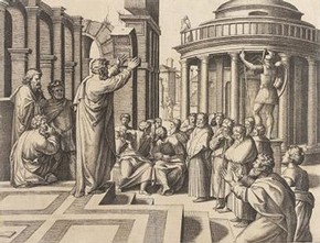 Marcantonio Raimondi, 'Paul Preaching by Athens', print of Raphael's cartoon. Museum no. E.4662-1910