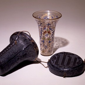 The Luck of Edenhall and leather case, gilt and enamelled clear glass, Syria, 13th Century, (museum no. C.1-1959)