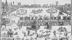 Woodcut showing a view of the Frost Fair on the River Thames, 1683