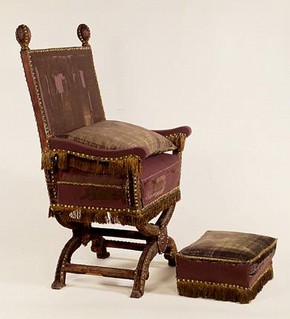 Juxon's beech framed chair & stool, upholstered with purple velvet with green and blue satin and a fringe of gold wire, by John Casbert (upholsterer) & Ralph Silverston (fringe maker), London, UK, 1661. Museum no. W.13-1928