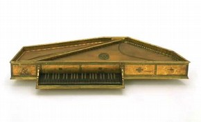 The Queen Elizabeth Virginal with a cypress case, soundboard and jacks; decorated with parchment, gilding, painting and inlay, Giovanni Baffo, Venice, Italy, 1594. 