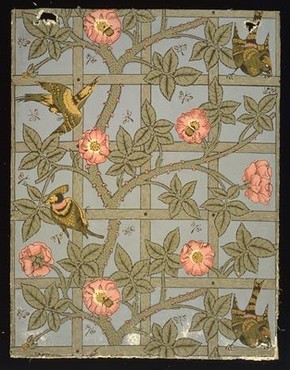 Trellis wallpaper, designed by William Morris in 1862; first issued 1864 Block printed in distemper colours on paper. Printed by Jeffrey & Co. for Morris, Marshall, Faulkner & Co. Museum no. E.452-1919; Given by Morris & Co.