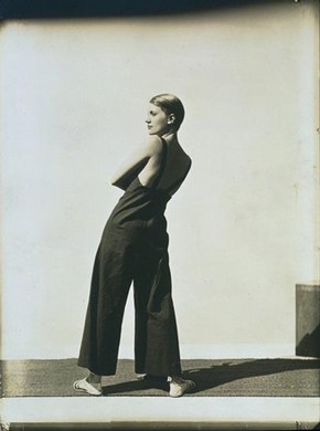 George Hoyningen Huene, 'Lee Miller Wearing Yraide Sailcloth Overalls', 1930, gelatin silver print. Museum no. PH.102-1984