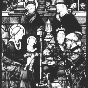 Figure 1. Stained glass window in three sections, depicting the Adoration of the Magi, William of Marseilles, about 1516. Museum no. 634:1902. Photography by V