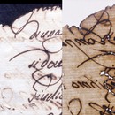 Iron gall ink, diffusion of ink through to verso and corrosion of paper by ink.