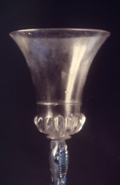 17th century glass goblet displaying early signs of instability (‘weeping glass’). Droplets are visible on the surface. Museum no. 2467-1856 