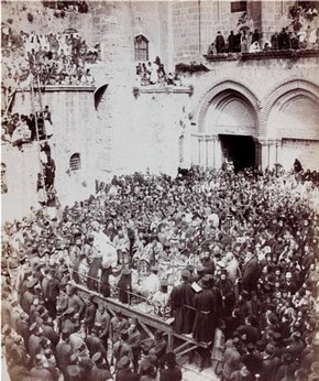 Greek Ceremony of Washing Feet outside the Court of the Holy Sepulchre, Jerusalem, photograph, 19th century