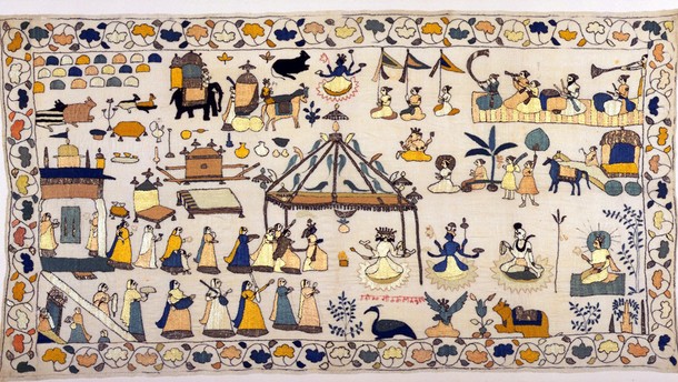 Embroidery showing the marriage of Krisna and Rukmini, Around 1800. Museum no. 2096-1883