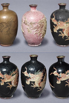 Group of six vases showing the basic processes of cloisonné manufacture. Museum no. 174-1901