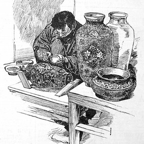 Making cloisonné enamel at the Japanese Village. From the Illustrated London News, 21 February 1885