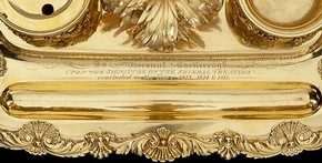 ‘This inkstand is composed of the gold taken from the portrait snuff boxes which were presented by the sovereigns whose arms are engraven hereon to Viscount Castlereagh upon the signature of the several treaties concluded in the Years 1813, 1814, and 1815