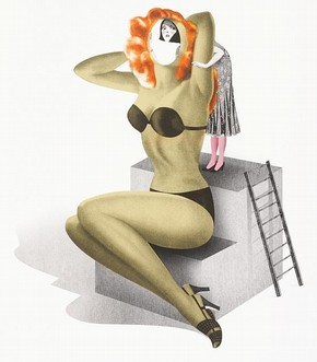 Brett Ryder. Artwork to ‘Looking for the Next Fix’ (author Alex Kuczynski) in the Daily Telegraph Magazine, collaged and coloured on computer and laser-printed. Published by the Telegraph 24 February 2007