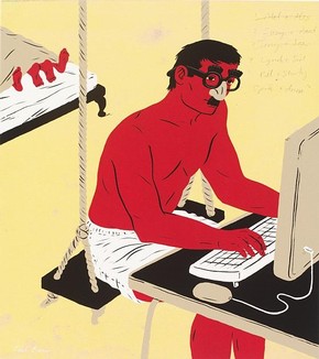 Paul Blow. Artwork to ‘Well Swung’ (author Ewan Morrison) in The Independent Magazine, collaged and coloured on computer and laser-printed on water colour paper. Published by the Independent, 31 March 2007