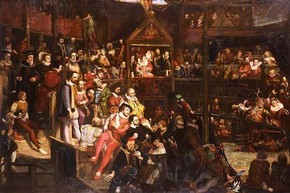 Detail from a painting of Queen Elizabeth at the Globe, David Scott, 1840. Museum no: S.511-1985