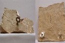 Left hand image: A-62-1930 Detail of screw on back of top section: note the radiating cracks around the screw entry point. Right hand image: A-62-1930 Back of object before treatment: Note the two metal screws, white plaster and traces of grey paint along the bottom associated with an old mounting technique.