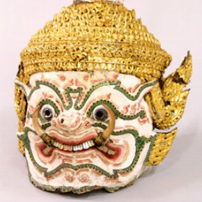 A papier-mâché demon-faced dance mask with gold and painted mirror work. Museum no. IM. 45-1939