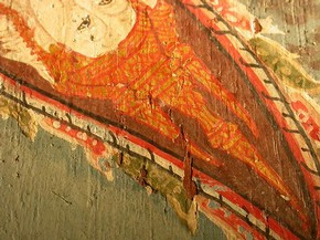 Having secured the paint, the dirt on the surface could be removed [Museum no.IS.38-2005]