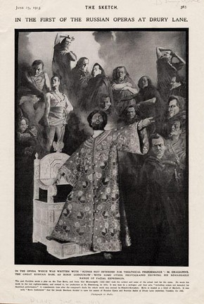 Feodor Chaliapin in the coronation scene of Modest Mussorgsky’s opera Boris Godunov, photograph published 1913 in 'The Sketch.' Museum no. 2006AG9120