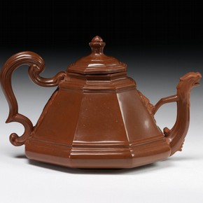 Red stoneware hexagonal teapot, moulded and partly polished on the wheel, Meissen, Germany, about 1715. Museum no. 108&A-1940