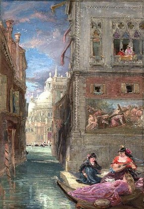 James Holland, 'Canal at Venice with a Group of Ladies playing and singing: Santa Maria della Salute in the Background'. Museum no. 1147-1886