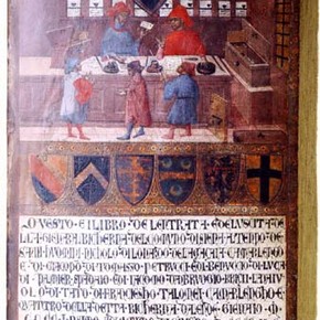 Tavoletta di Biccherna: The Camarlingo, Niccolo di Lorenzo della Gazaia, making a payment to three claimants, with his scrivener, Sienese School
