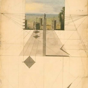 Italian A lesson in perspective showing a method of drawing towers from a point above them About 1780 Pen and ink and watercolour on paper. Intended to explain the application of linear perspective, this illustration also demonstrates the use of aerial pe