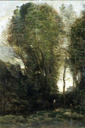 Twilight: Landscape with tall trees and a female figure, Jean Baptiste Camille Corot. Click to enlarge
