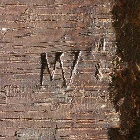 Detail of reverse of panel showing panel maker’s mark. The monogram MV, indicates that it was made by Michiel Vrient (active 1615 -1637)