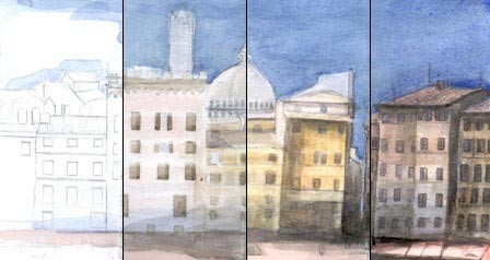 Underdrawing in pencil, laying on washes, building up colours, highlights