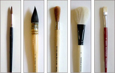 From left to right: Sable, squirrel hair, Ox hair, Goat hair, synthetic hair