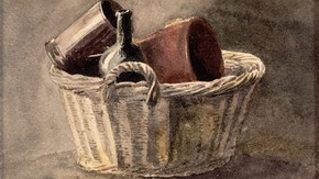 Peter De Wint (1784-1849) Still Life: A Wicker Basket containing a Bottle and two Brown Vessels Watercolour on paper 18.1 x 24.2 cm Museum no. P.1-1927