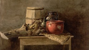Peter De Wint (1784-1849) Still Life: A Barrel, Jug, Bottle, Basin, etc on a Table Watercolour on paper 33.6 x 49.8 cm Museum no. P.1-1928