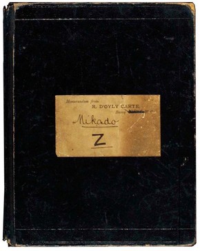 View of cover of Mikado prompt book 'Z'. Text by W.S. Gilbert with handwritten notes by Savoy Theatre stage manager W.H. Seymour, 1885, Museum no. THM/73/1/11