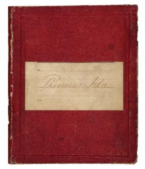 View of cover of Princess Ida prompt book. Text by W.S. Gilbert with handwritten notes by Savoy Theatre stage manager W.H. Seymour, 1884, Museum no. THM/73/1/19
