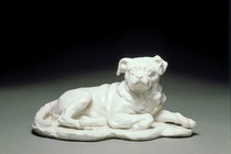 Porcelain sculpture of Hogarth’s dog, Trump, Louis-François Roubiliac, 1747–50. Museum no. C.101-1966
