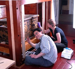 Shayne Rivers and Yoshihiko Yamashita working on the Mazarin Chest, V&A
