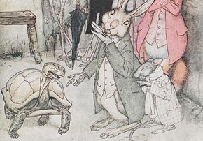 Arthur Rackham 'The Hare and the Tortoise' 1912 Illustration line block printed from drawing, from 'Aesop's fables', translated by V.S. Vernon Jones Published by Ballantyne & Co., London National Art Library Pressmark: 60.BB.31