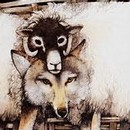 Helen Ward 'Pot Luck: in which a wolf's cunning is his own downfall' 2004 From ink, watercolour and gouache illustration From Unwitting Wisdom: an Anthology of Aesop's animal fables Published by Templar, London National Art Library Pressmark: 60.MM.57