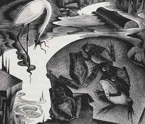 Agnes Miller Parker, 'Of the Frogges and of Jupyter' (The Frogs Desiring a King), wood-engraved illustration, from 'The Fables of Esope: translated out of Frensshe in to Englysshe' by William Caxton, Published by Gregynog Press, about 1932. National Art L