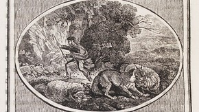 Thomas Bewick, 'The Shepherd's Boy and the Wolf' (The Boy Who Cried 'Wolf'), wood-engraved illustration, from 'Fables of Aesop and others', 1818. Printed by E. Walker for Thomas Bewick, Newcastle. National Art Library Pressmark: G.28.Y.1b
