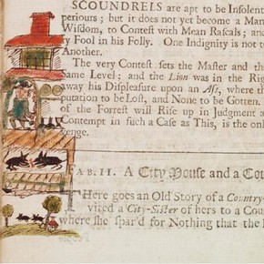Jeremiah Cliff (owner of the book in about 1711), 'A City Mouse and a Country Mouse', hand-drawn illustration in a copy of 'Fables of Aesop and other eminent mythologists' by Roger L'Estrange, 1708. Printed for R. Sare in London. National Art Library Pres