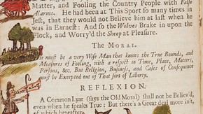 Jeremiah Cliff (owner of the book in about 1711) 'A Boy and False Alarms' (The Boy Who Cried 'Wolf'), alongside 'An Eagle and a Daw' Hand-drawn illustration In a copy of 'Fables of Aesop and other eminent mythologists' by Roger L'Estrange, 1708 Printed fo