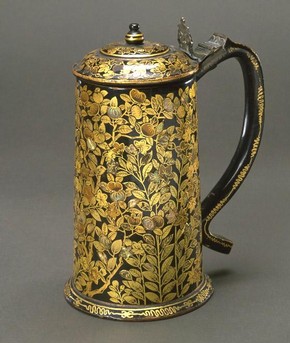 Tankard of lacquer on wood with inlaid mother-of-pearl. Japan, 17th century. Museum no. FE.23-1982